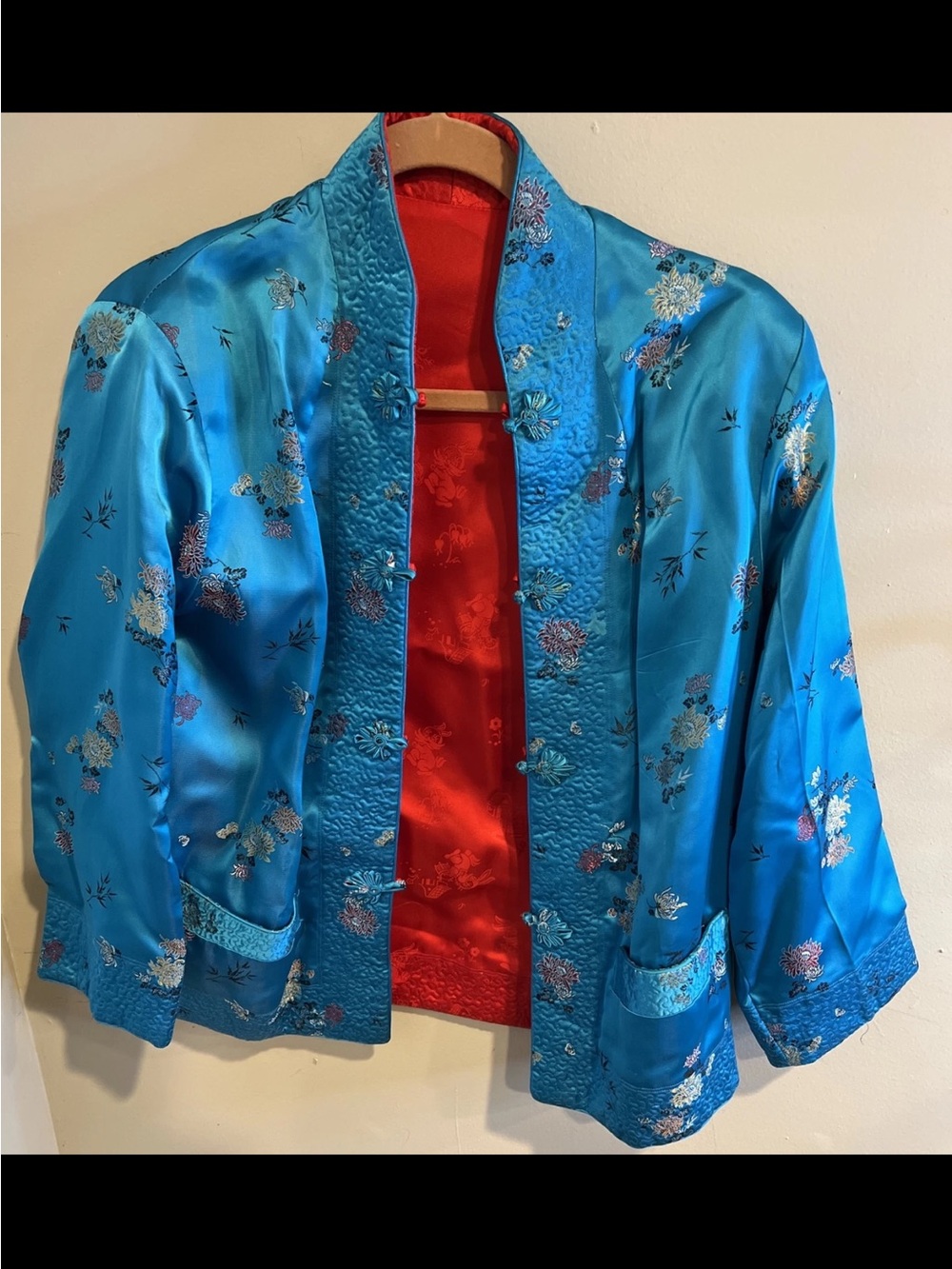 VTG Solz Squirrel Reversible Kimono Jacket Women's Blue Red Floral Embroidered